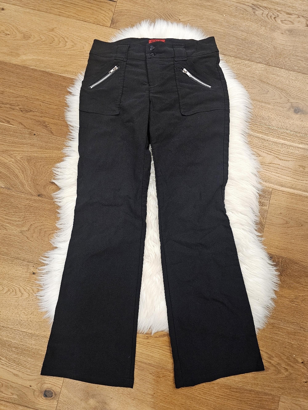 Vintage Low Rise Women’s Black Flare Pants with Front Zip Pockets
